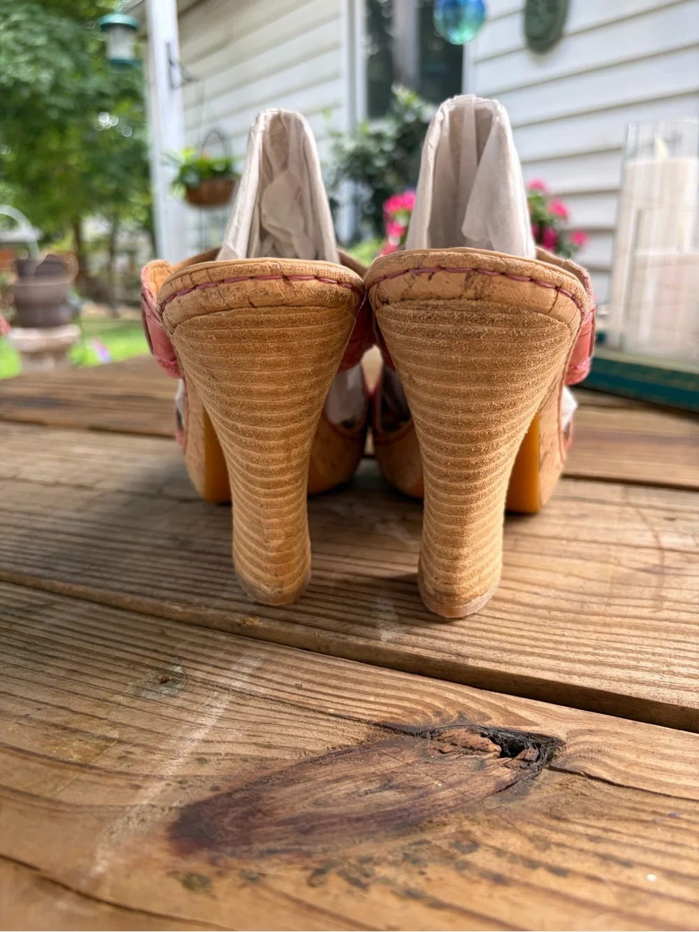 Born Coral and Cream Leather Cork-Stack Heel Mules - Picture 5 of 7